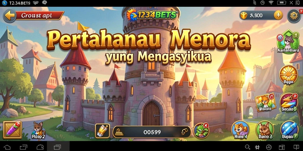 Tangkapan layar menunjukkan aksi seru dalam pertahanan menara di 1234BETS.