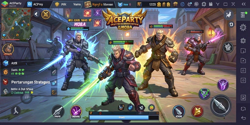 Tampilan gameplay seru di arena pertarungan MOBA ACEPARTY.