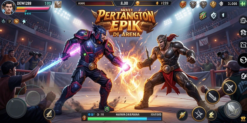 Tampilan gameplay DEWI288 dengan karakter bertarung yang penuh aksi.