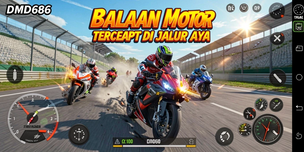 Screenshot gameplay DMD686 menampilkan balapan motor yang intens dan grafis memukau.