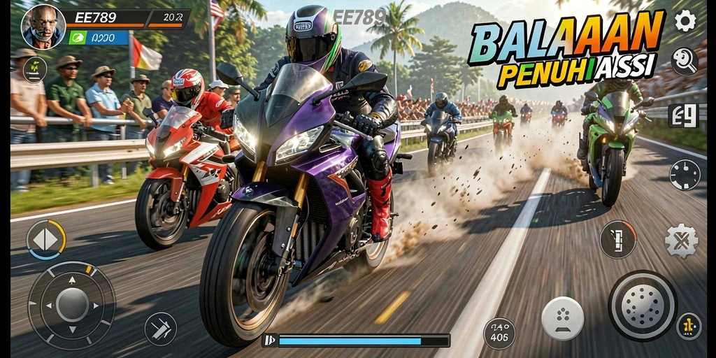 Screenshot menampilkan intensitas gameplay balapan motor yang mendebarkan.