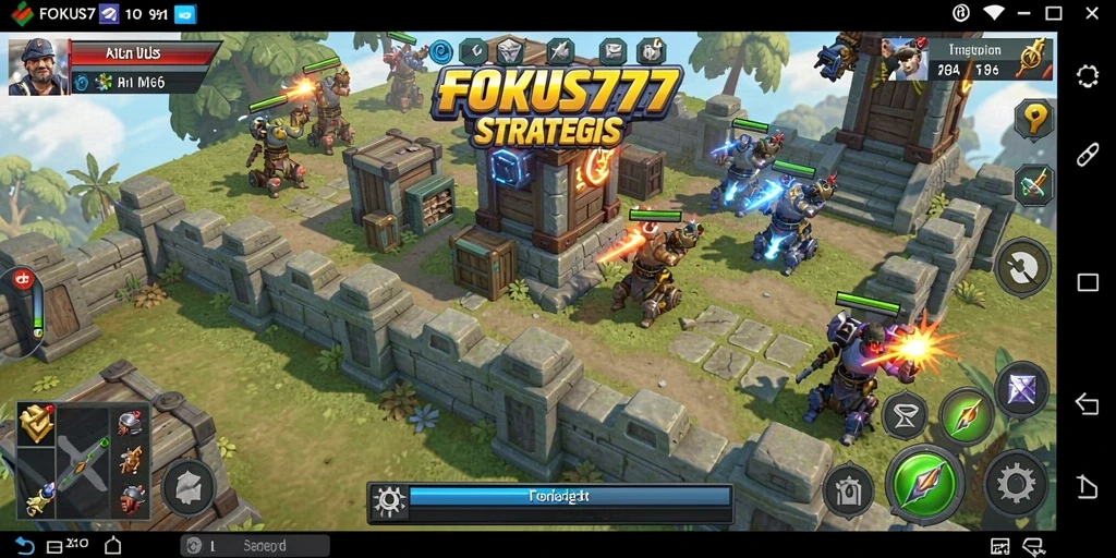 Screenshot FOKUS777 menunjukkan menara bertahan melawan gelombang musuh.