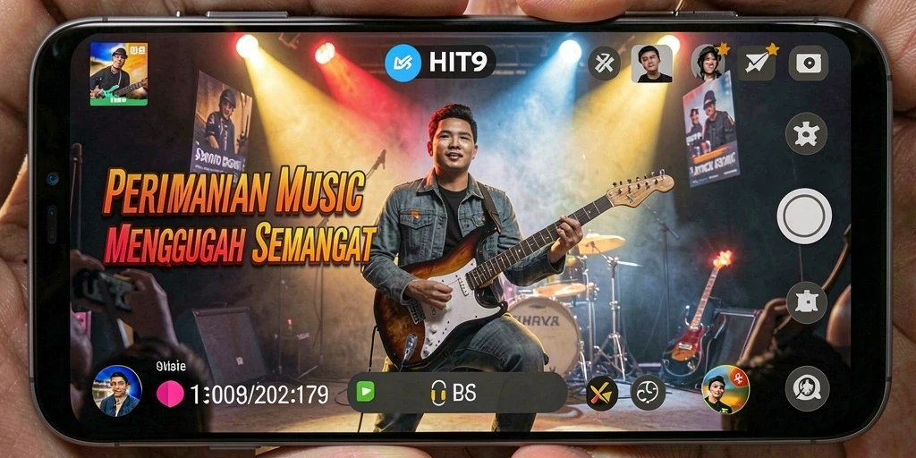 Tangkapan layar dari gameplay HIT9 dengan notasi musik yang bergerak dinamis.
