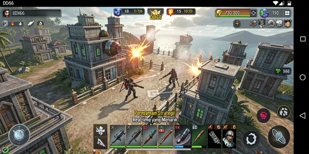 Screenshot utama <strong>IDX66</strong> yang menampilkan aksi pertempuran strategis.