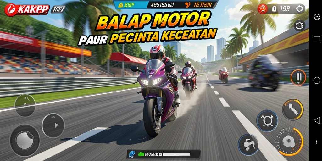 Gameplay mendebarkan KAKRP dengan balapan motor cepat.