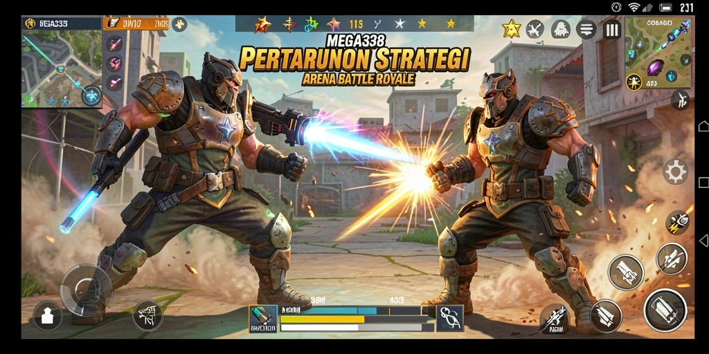Tampilan gameplay seru dari MEGA338, bertarung di arena Battle Royale.