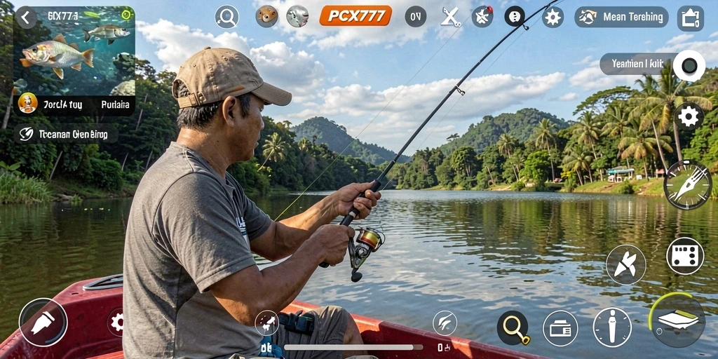 Tampilan gameplay PCX777 dengan suasana memancing yang indah dan menegangkan.